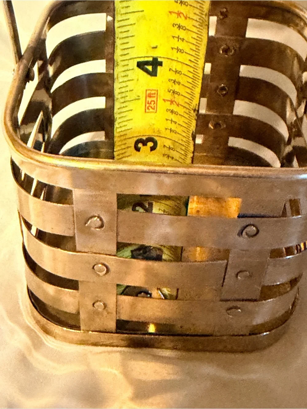 Vintage Woven Brass Basket Caddy Rustic Boho Organizer Made in India Decor